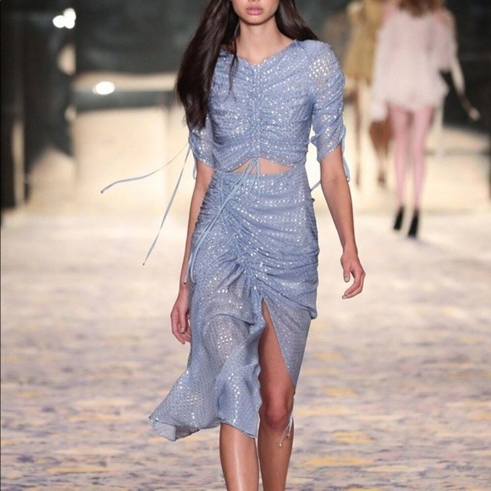 Alice McCall I Feel It Coming Midi Dress Size 2 Blue Silver Silk Cutout Evening